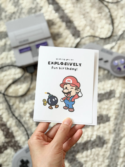 "Wishing You An Explosively Fun Birthday" Birthday Greeting Card | Blank Inside | Mario