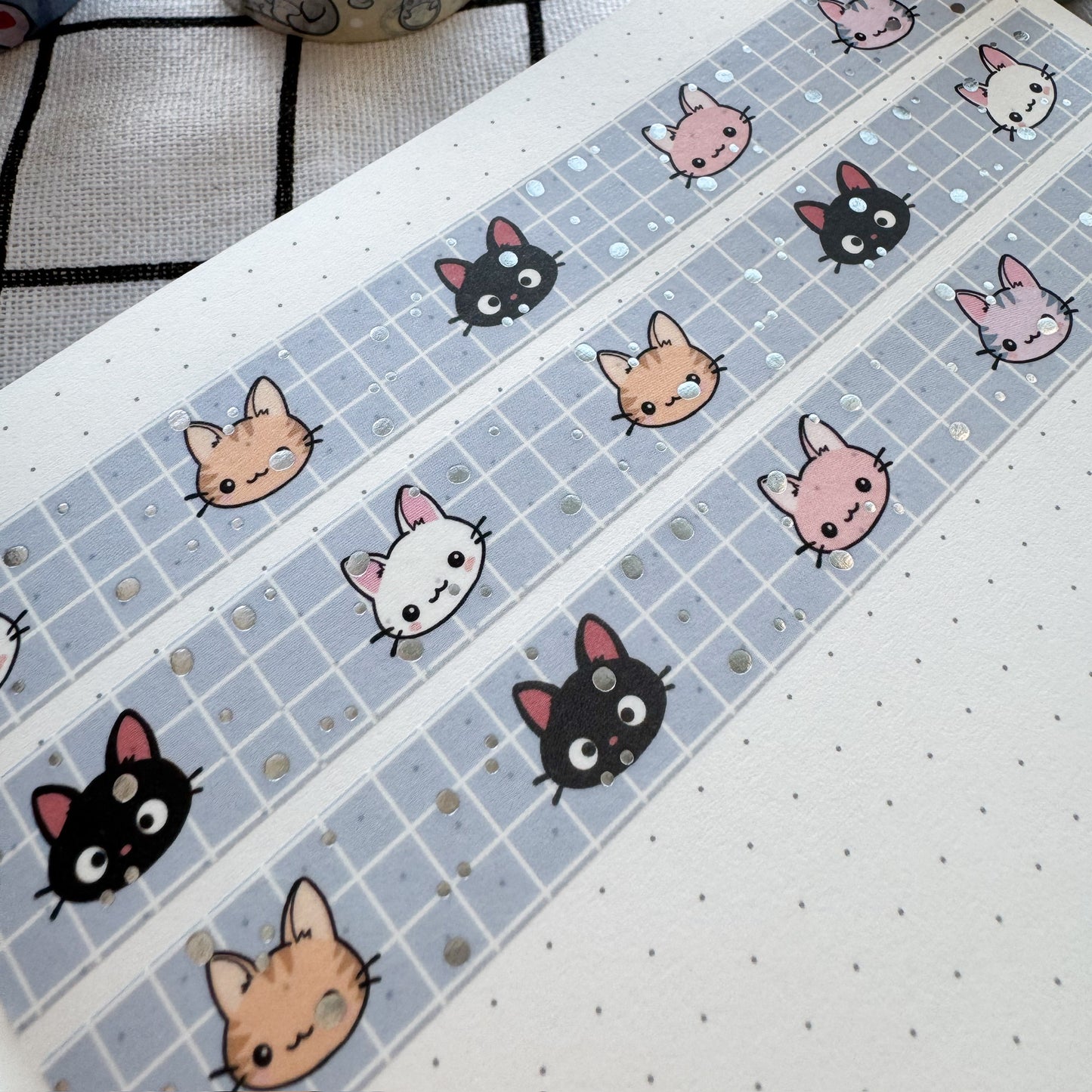 WT037 | Kitty Faces V2 Washi Tape (Silver Foil) | 15mm x 10m