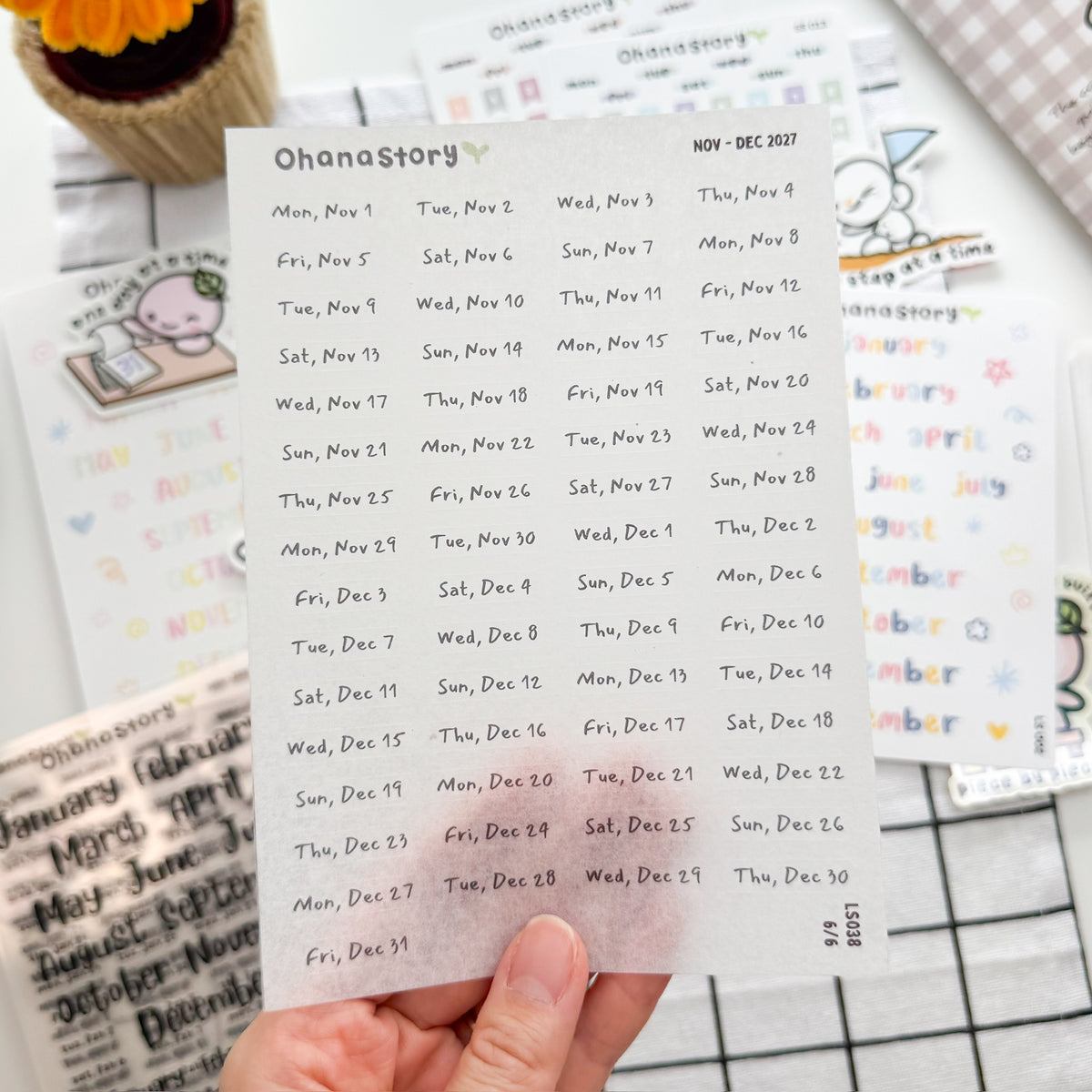 LS038 | January - December 2027 Daily Date Stickers (Washi Paper) - 6 sheets