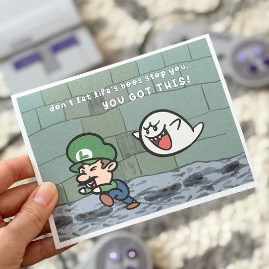 "Don't Let Life's Boos Stop You. You Got It!" Motivational Greeting Card | Blank Inside | Mario