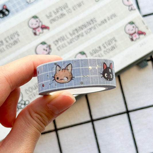 WT037 | Kitty Faces V2 Washi Tape (Silver Foil) | 15mm x 10m