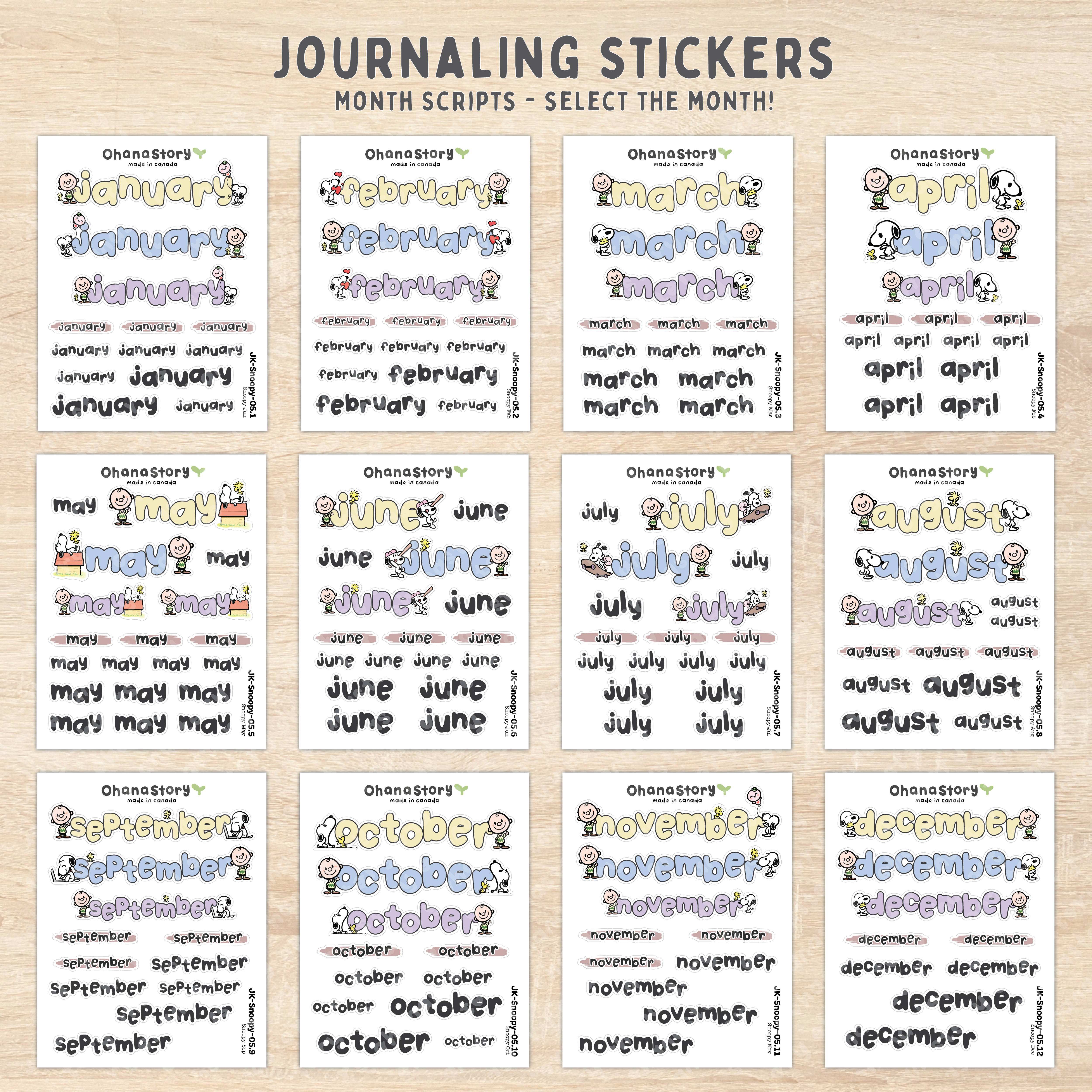 Snoopy Keyless Script JK-Snoopy-05 | Snoopy Monthly Script Sticker Sheet – Ohana Story Co.